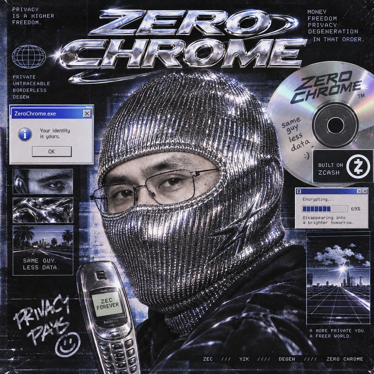 ZERO CHROME poster — the masked ZC character in a chrome balaclava and wire glasses, the chrome ZERO CHROME wordmark, a ZeroChrome.exe 'Your identity is yours' dialog, a ZERO CHROME CD-ROM built on Zcash, an Encrypting 69% bar, a Nokia showing ZEC FOREVER, and a hand-drawn PRIVACY PAYS.